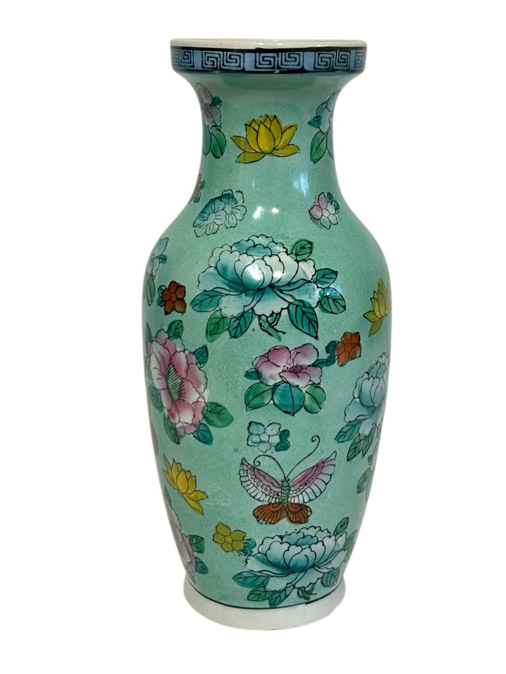 Vintage Chinese Turquoise Porcelain Floral Butterfly Vase